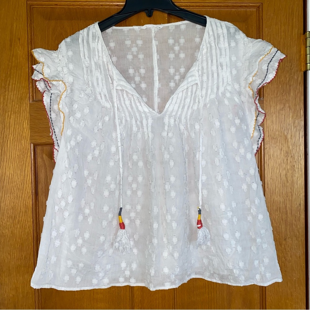 ACOS&A White Textured Top Blouse Ruffled Sleeve Women’s XL Cotton Tassel